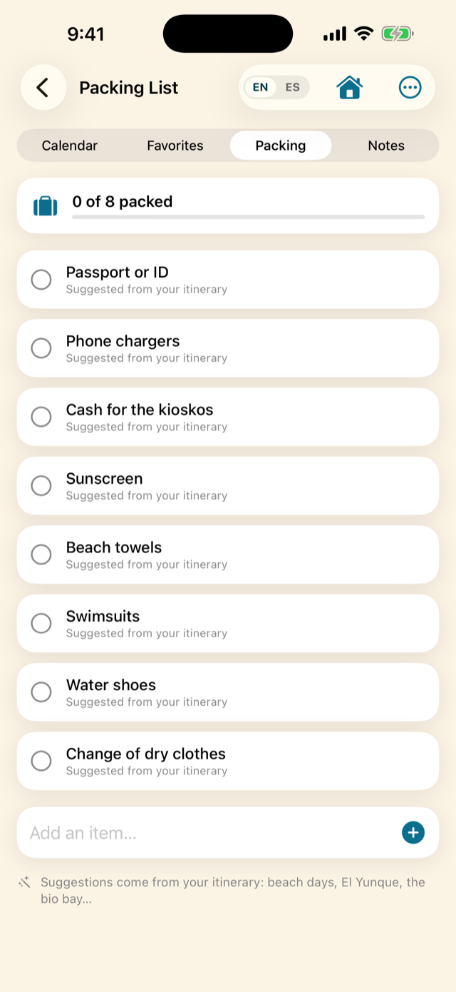 Packing checklist